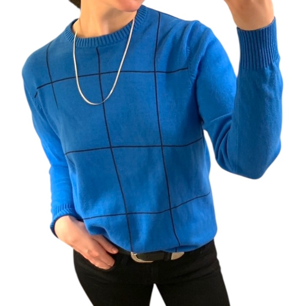 Vintage JOHN ASHFORD Blue Black Checked Cotton Crew Neck Pullover Sweater Jumper - Picture 5 of 16